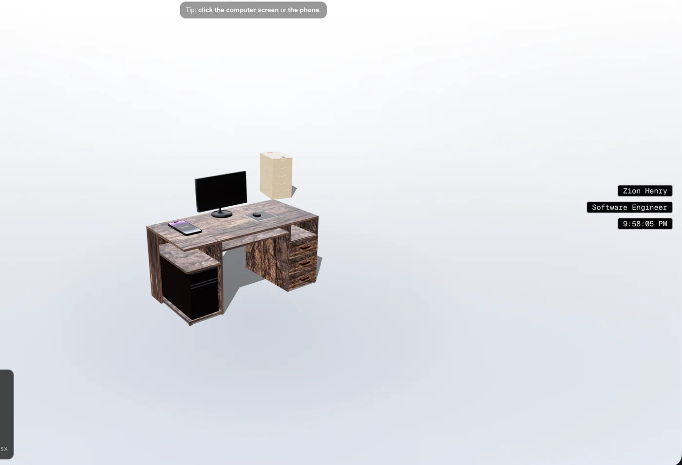 Preview of Zion’s 3D portfolio office, with an interactive desk, monitor, and phone