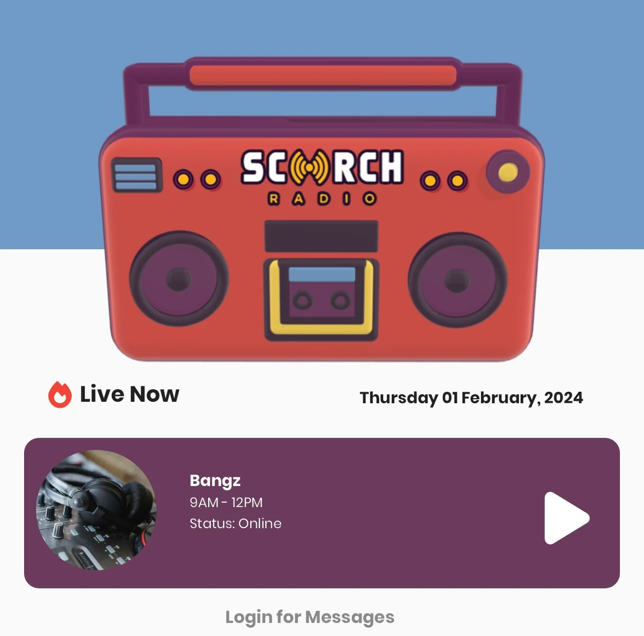 Scorch Radio app listening interface